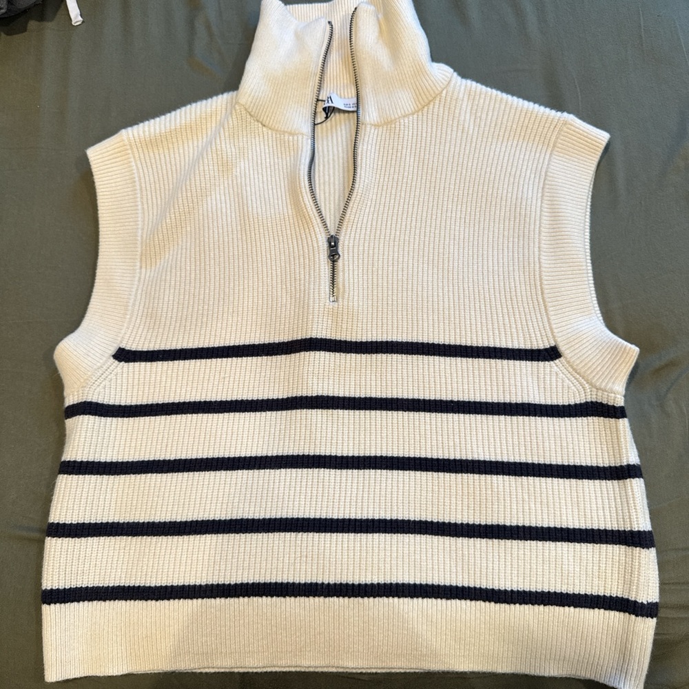 Zara Cream and Black Striped Turtleneck Vest